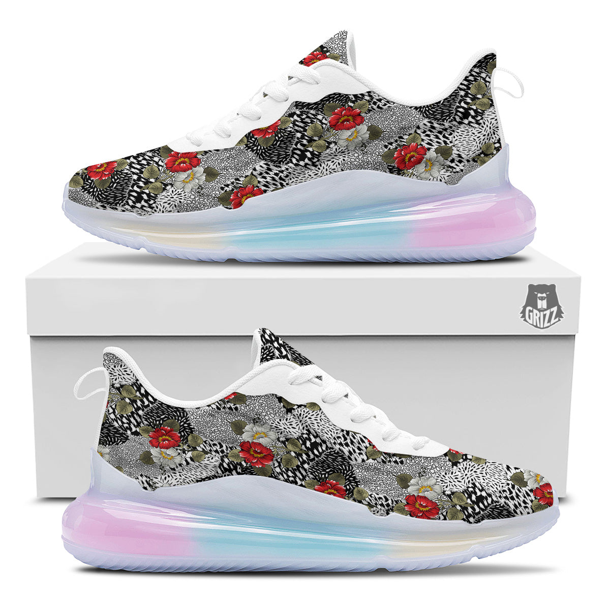 Patchwork Black White And Floral Print Pattern Running Sneakers-grizzshop