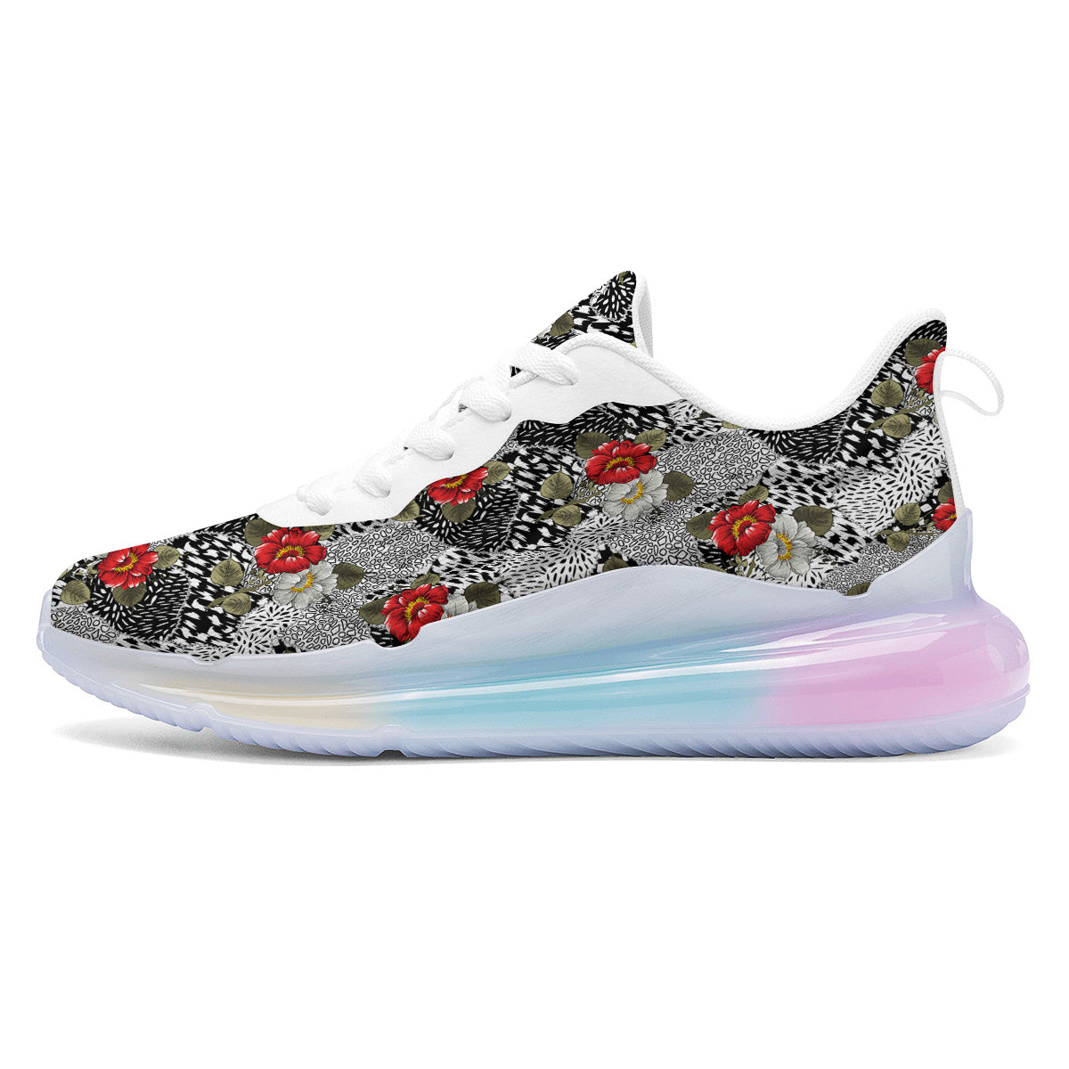 Patchwork Black White And Floral Print Pattern Running Sneakers-grizzshop