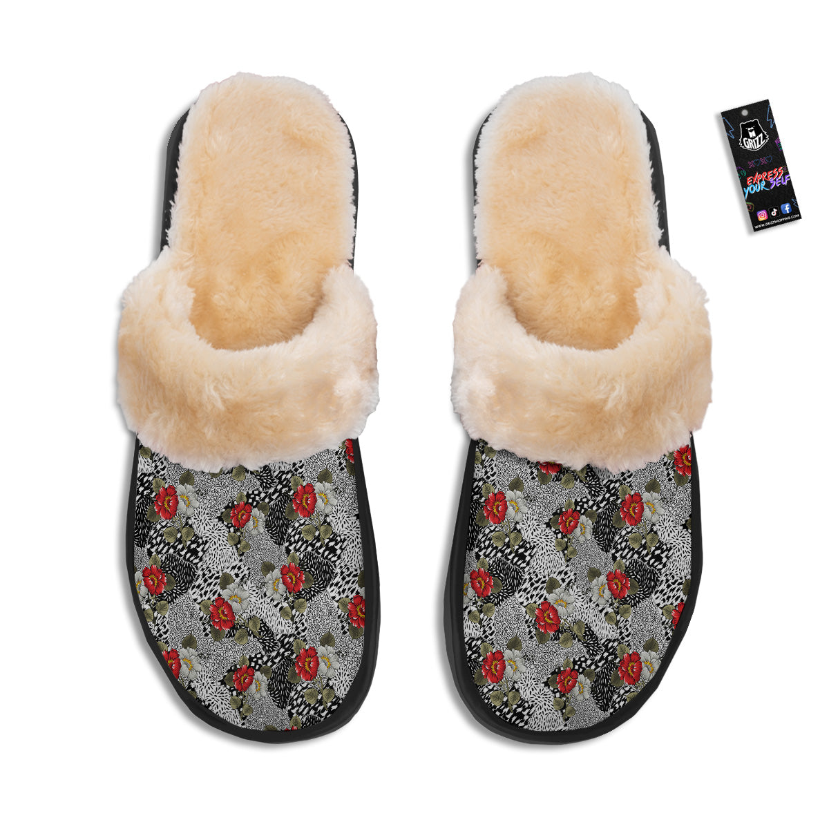 Patchwork Black White And Floral Print Pattern Slippers-grizzshop