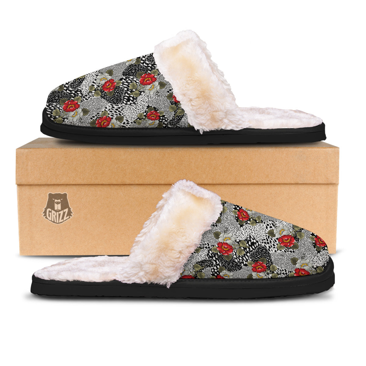 Patchwork Black White And Floral Print Pattern Slippers-grizzshop