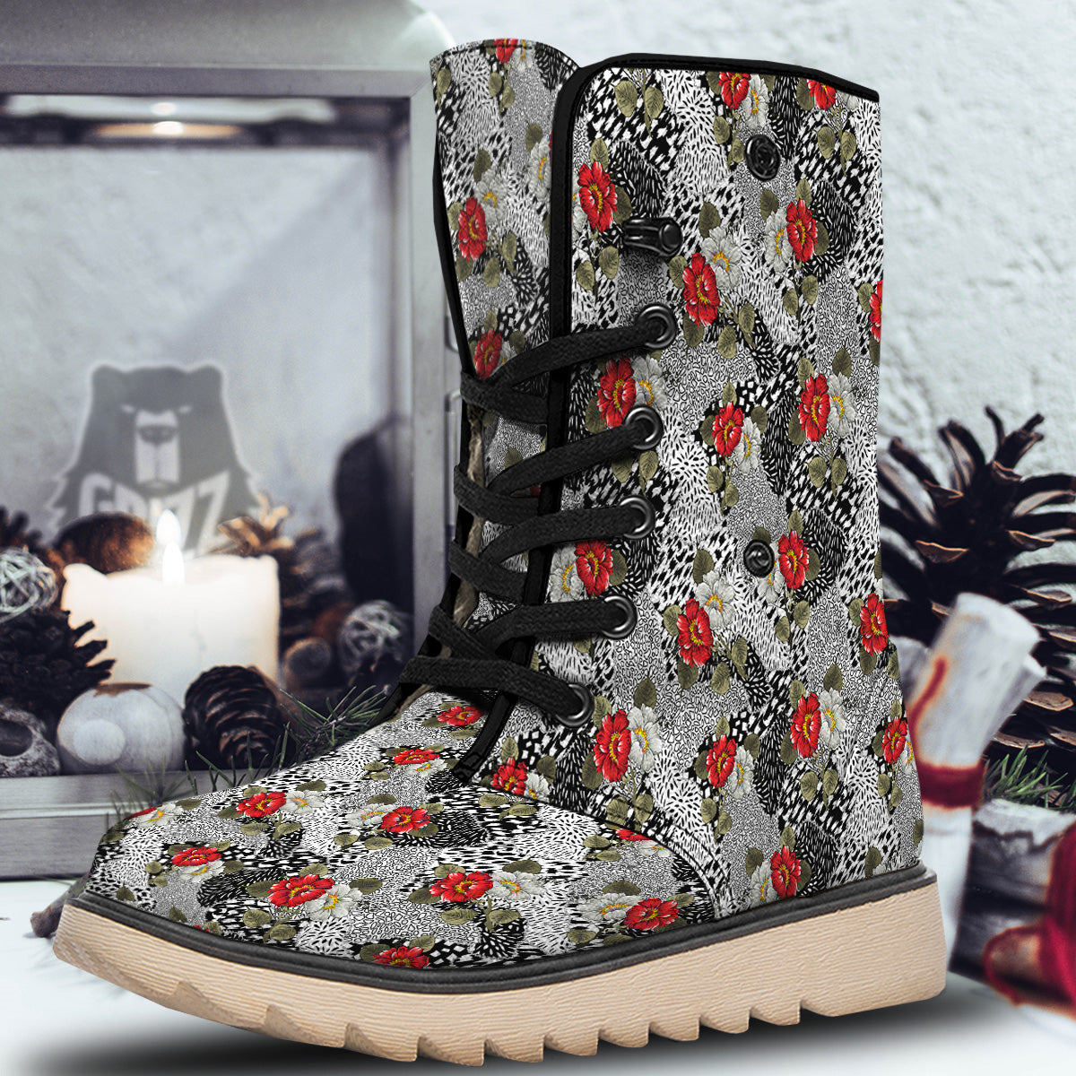 Patchwork Black White And Floral Print Pattern Snow Boots-grizzshop
