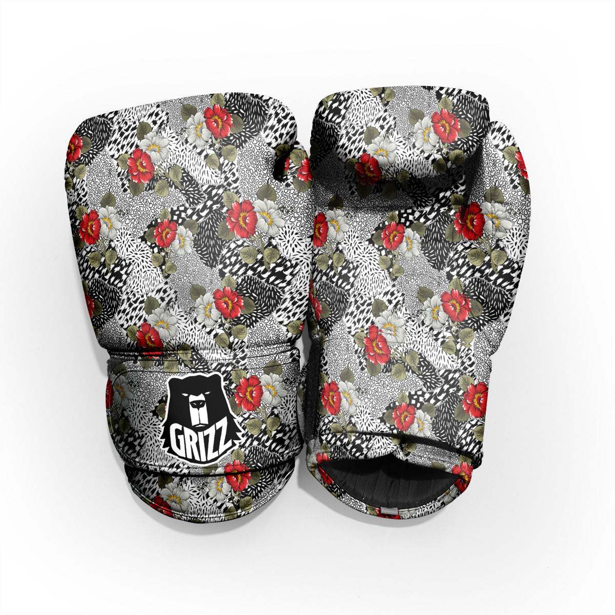 Patchwork Black White And Floral Print Pattern Pro Boxing Glove