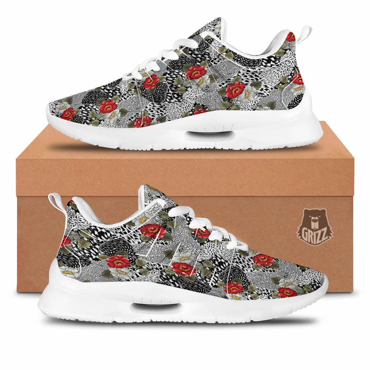 Patchwork Black White And Floral Print Pattern Tennis Shoes-grizzshop