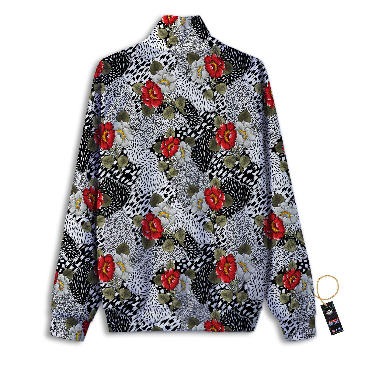 Patchwork Black White And Floral Print Pattern Track Jacket-grizzshop
