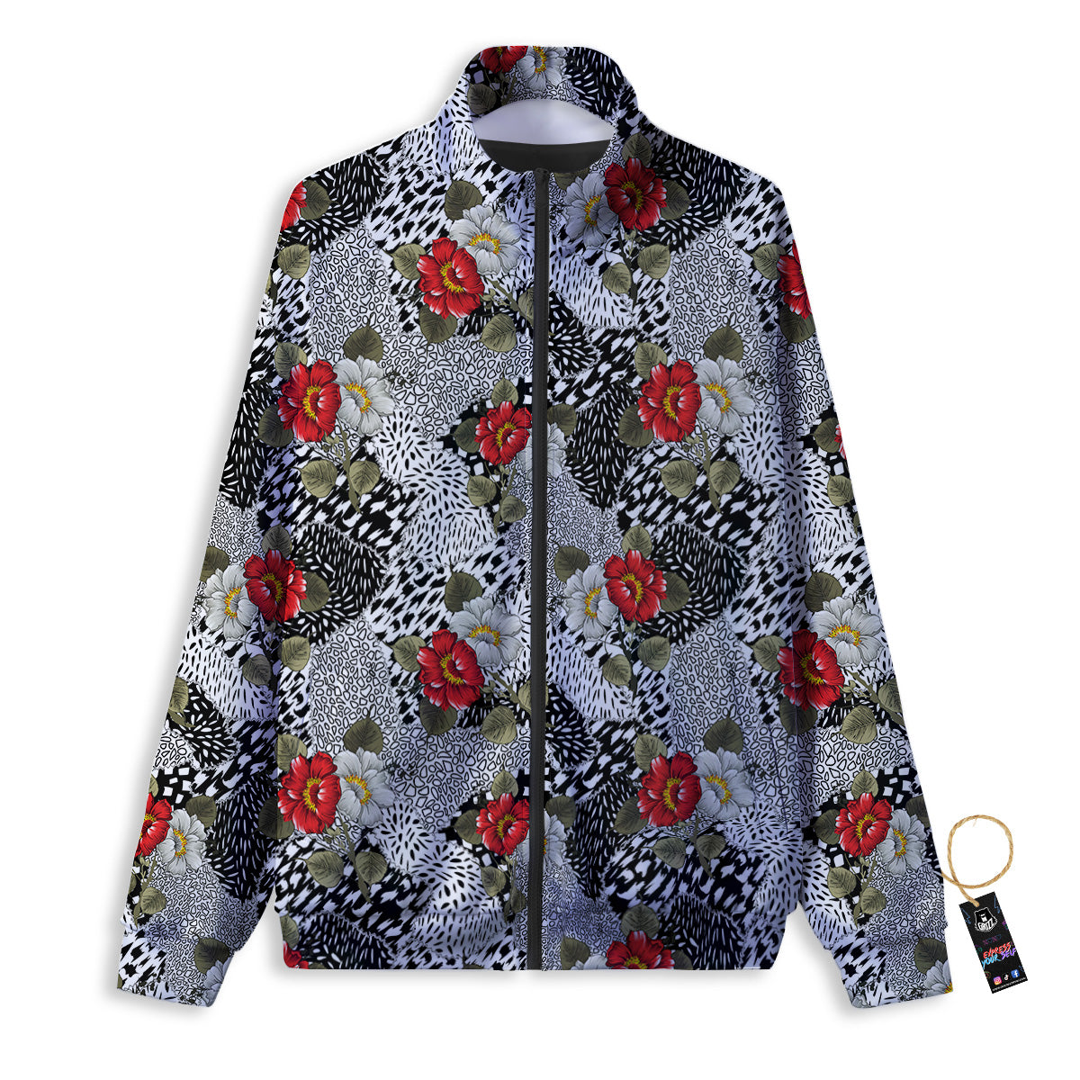 Patchwork Black White And Floral Print Pattern Track Jacket-grizzshop