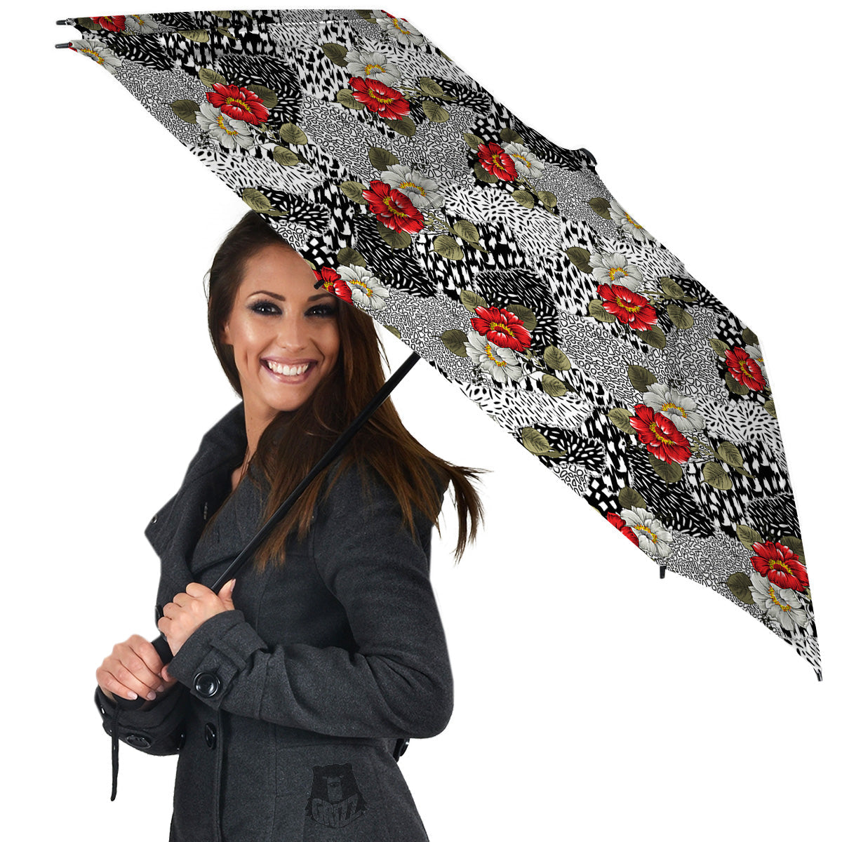 Patchwork Black White And Floral Print Pattern Umbrella-grizzshop