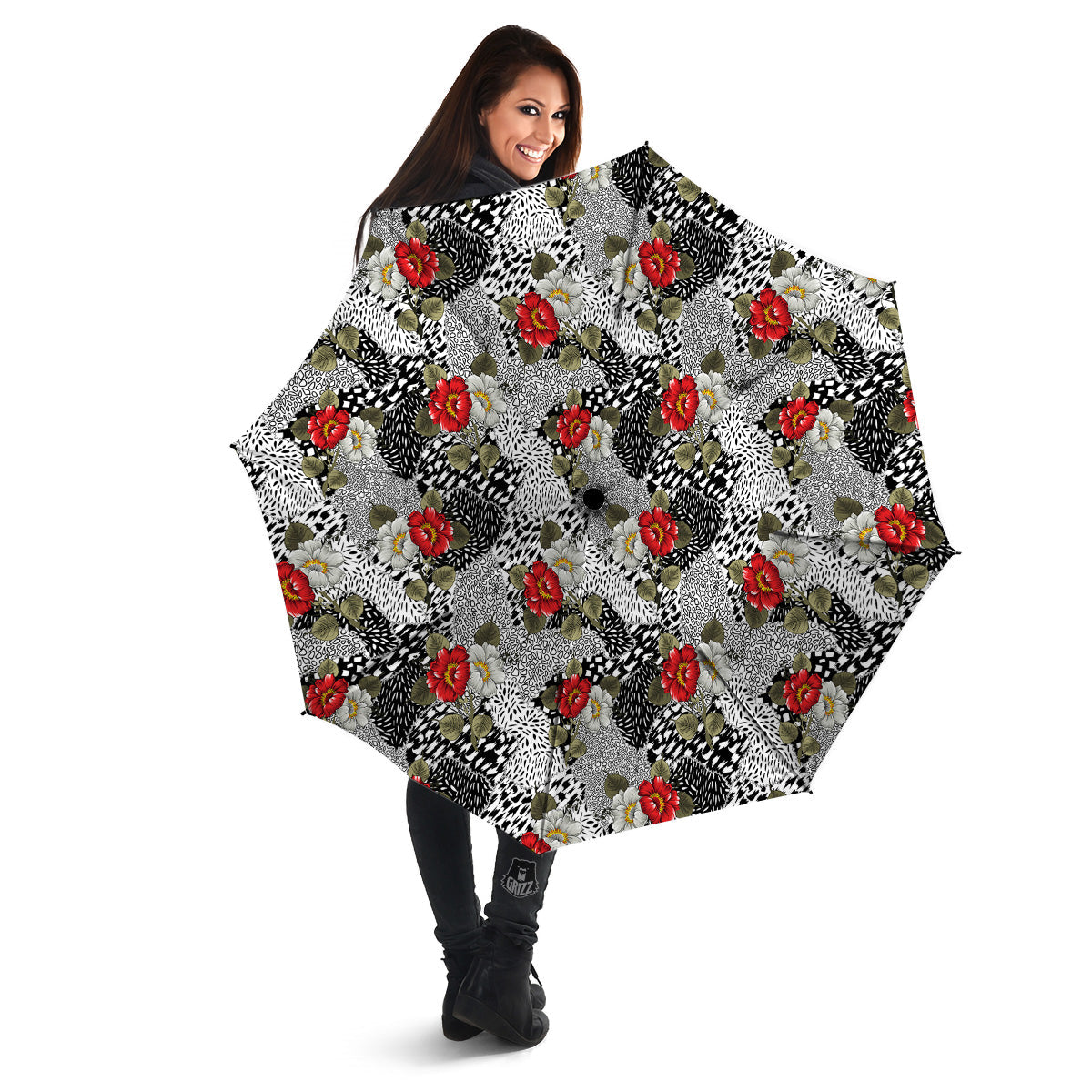 Patchwork Black White And Floral Print Pattern Umbrella-grizzshop