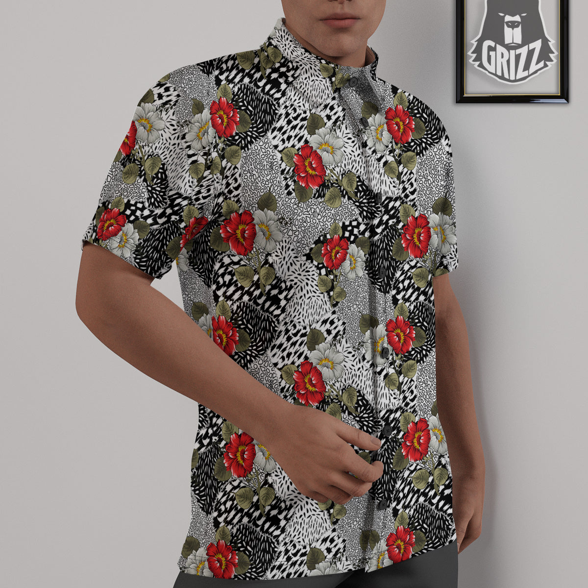 Patchwork Black White And Floral Print Pattern Untucked Shirts-grizzshop