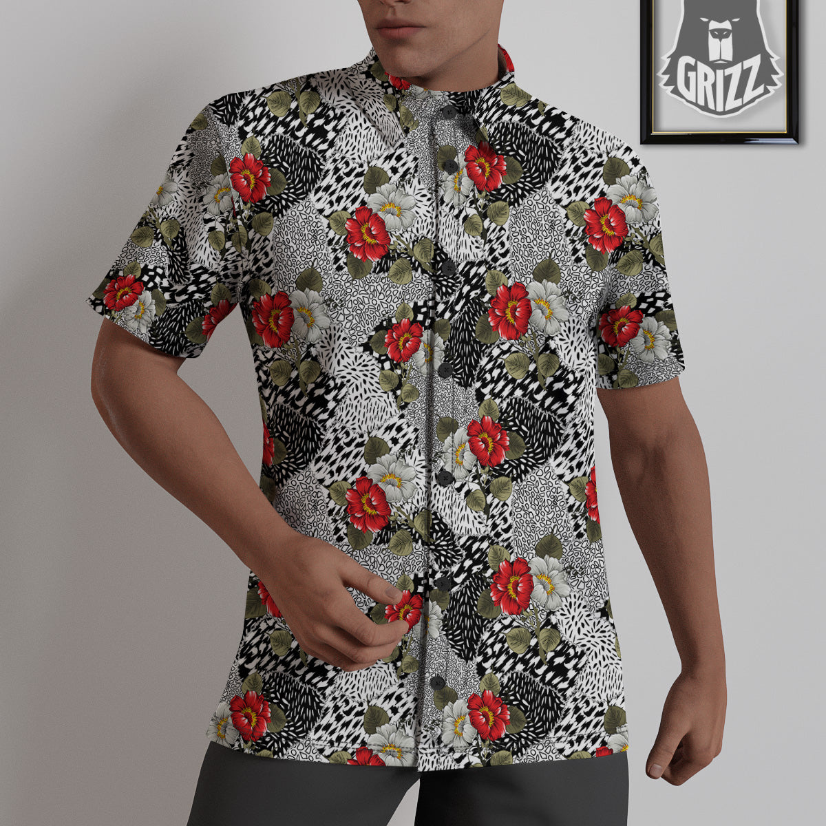 Patchwork Black White And Floral Print Pattern Untucked Shirts-grizzshop