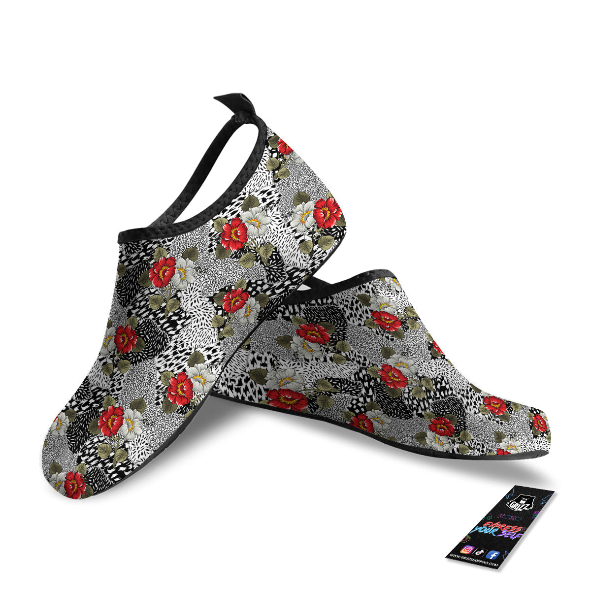 Patchwork Black White And Floral Print Pattern Water Shoes-grizzshop