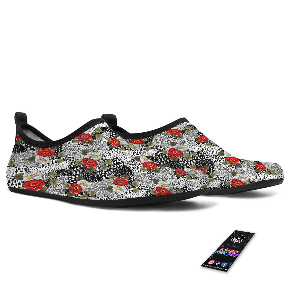 Patchwork Black White And Floral Print Pattern Water Shoes-grizzshop