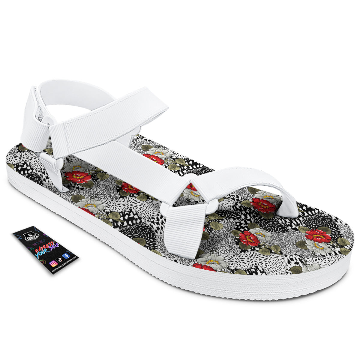 Patchwork Black White And Floral Print Pattern White Open Toe Sandals-grizzshop