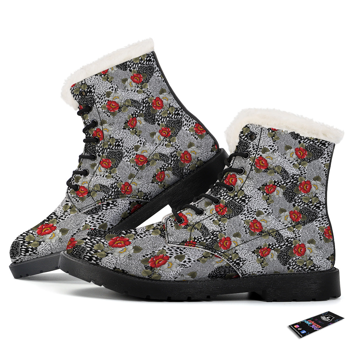 Patchwork Black White And Floral Print Pattern Winter Boots-grizzshop