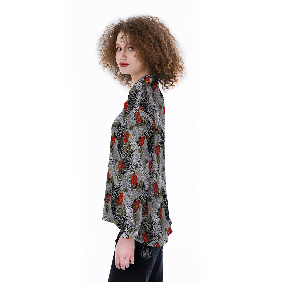 Patchwork Black White And Floral Print Pattern Women's Long Sleeve Shirts-grizzshop