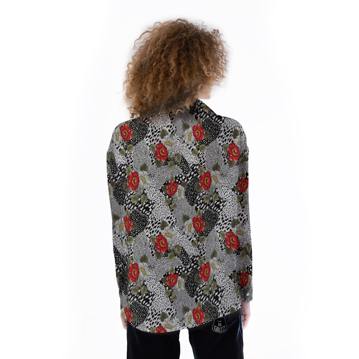 Patchwork Black White And Floral Print Pattern Women's Long Sleeve Shirts-grizzshop