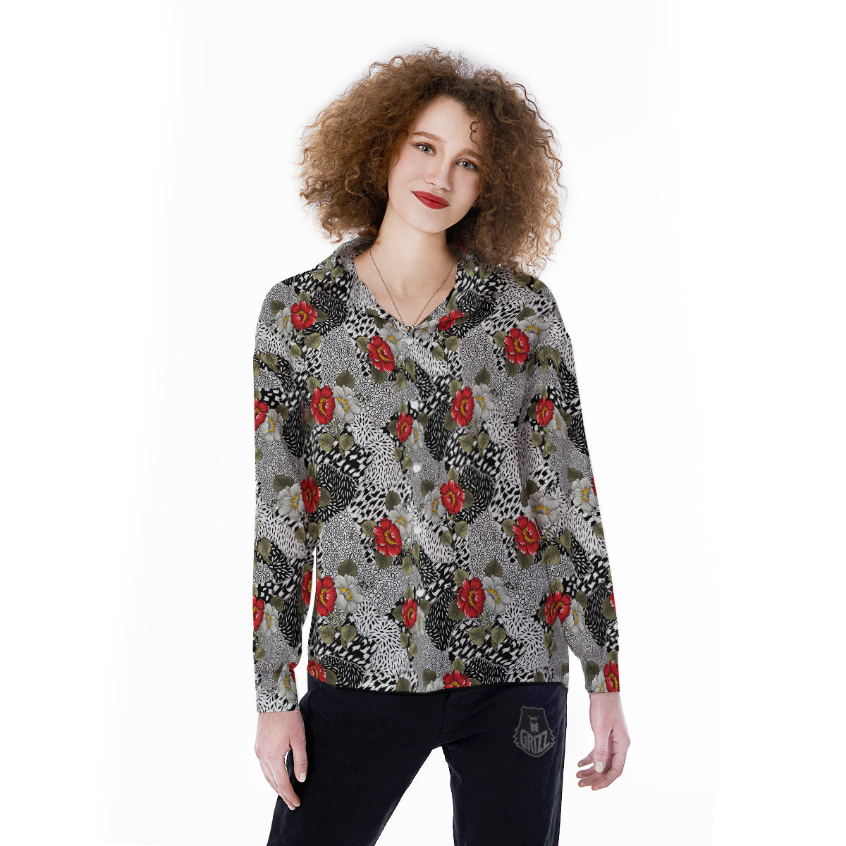 Patchwork Black White And Floral Print Pattern Women's Long Sleeve Shirts-grizzshop