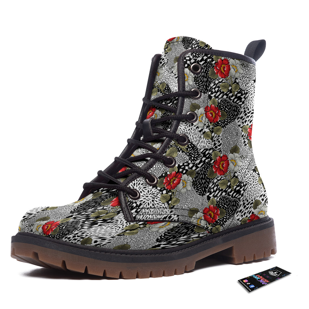 Patchwork Black White And Floral Print Pattern Work Boots-grizzshop