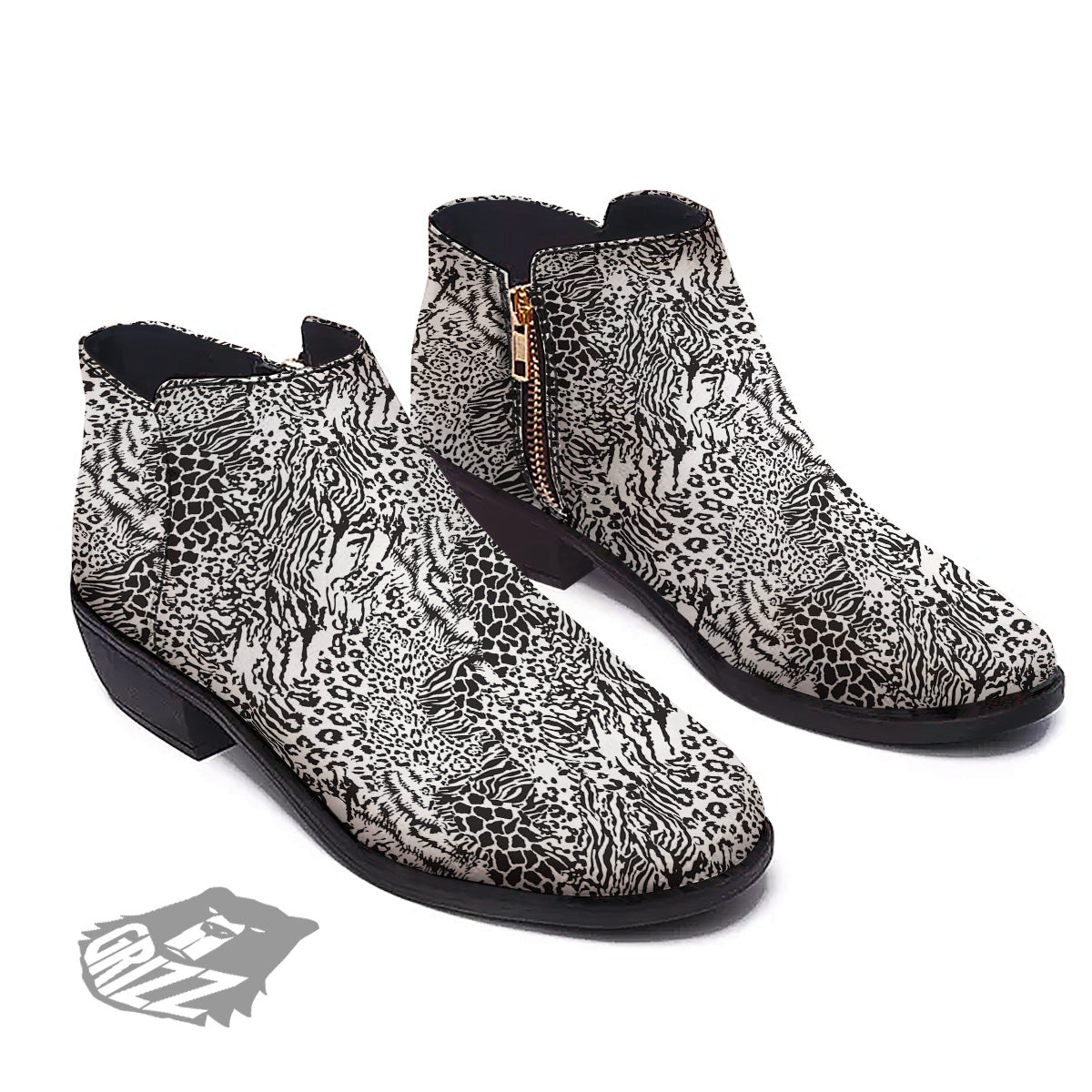 Patchwork Black White Animal Skins Print Pattern Ankle Boots-grizzshop