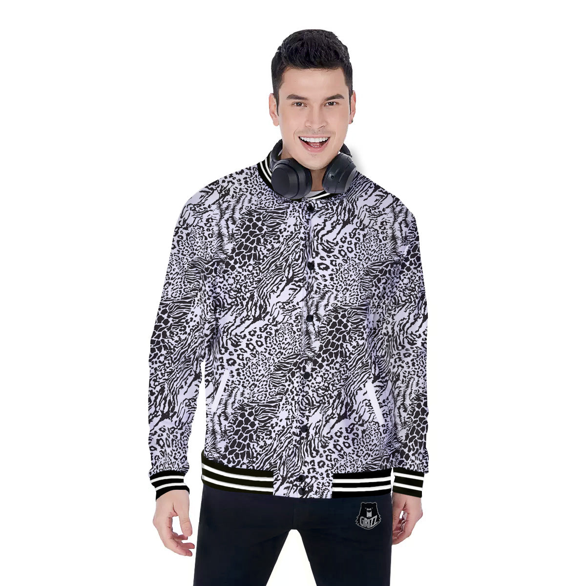 Patchwork Black White Animal Skins Print Pattern Baseball Jacket-grizzshop