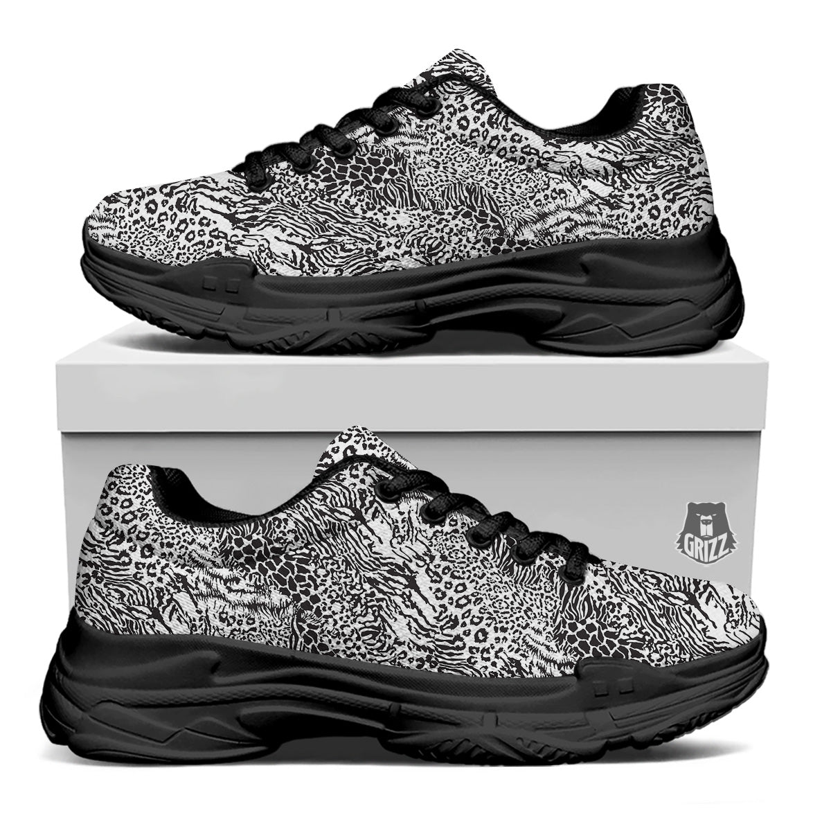 Patchwork Black White Animal Skins Print Pattern Black Chunky Shoes-grizzshop
