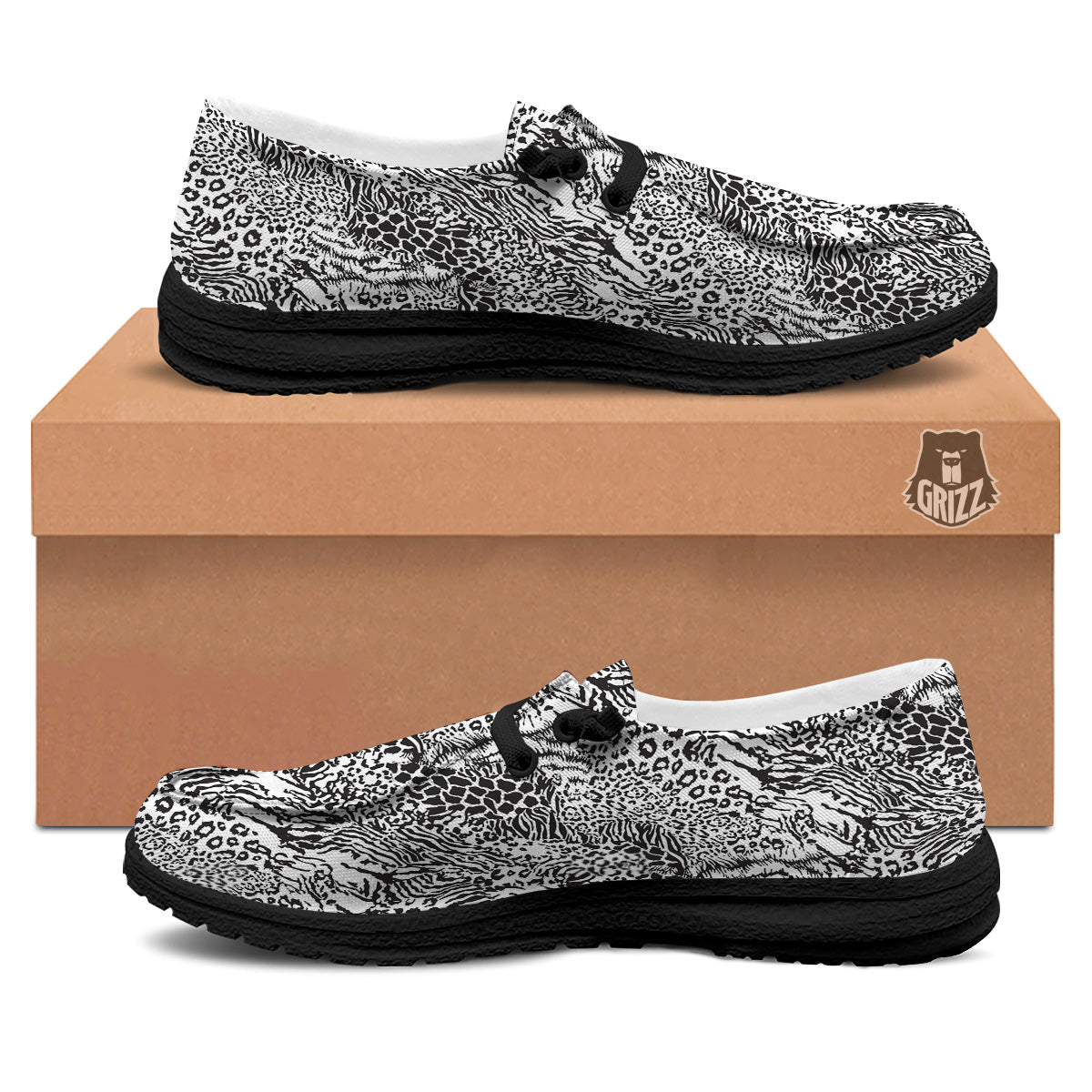 Patchwork Black White Animal Skins Print Pattern Black Loafers-grizzshop