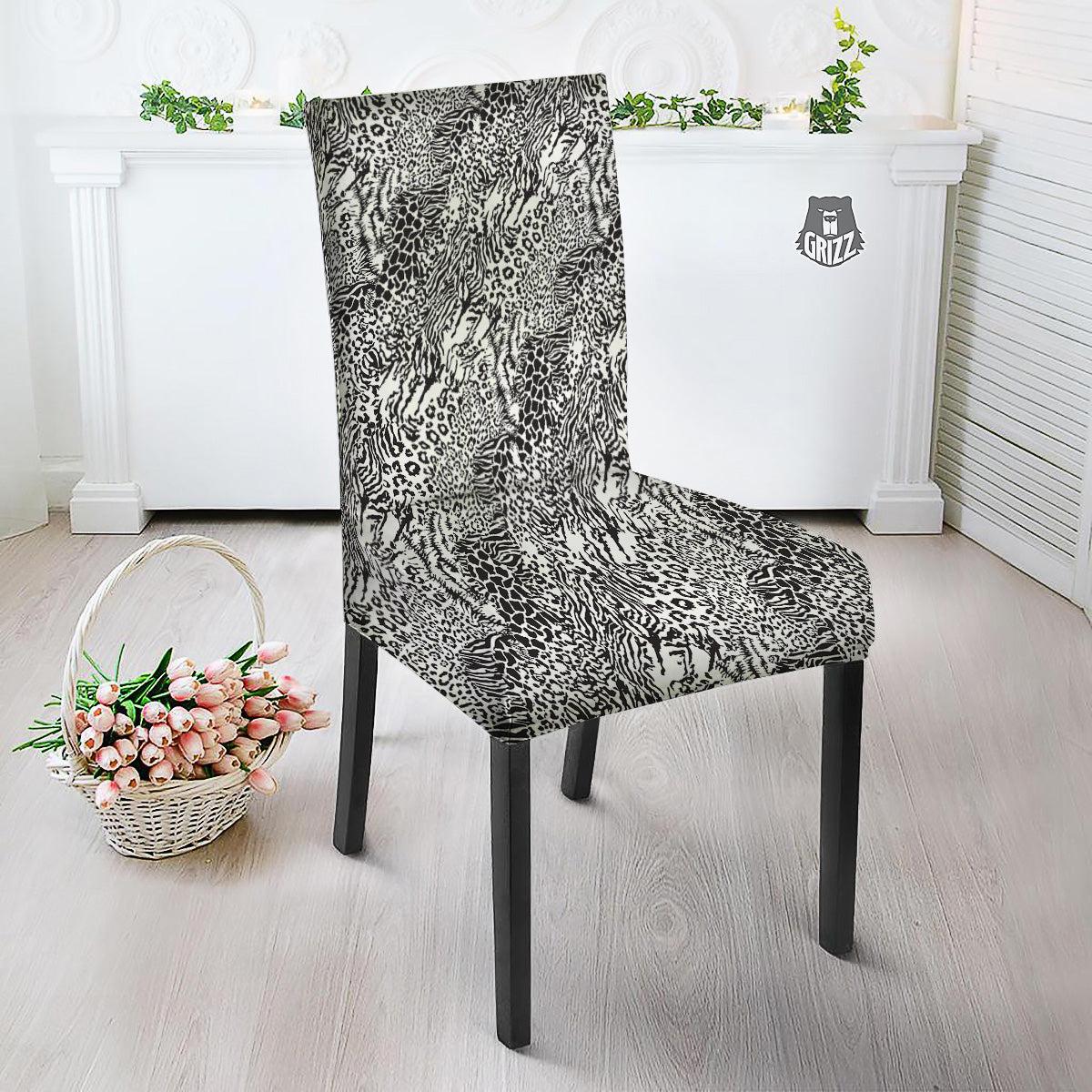 Patchwork Black White Animal Skins Print Pattern Dining Chair Slipcover-grizzshop