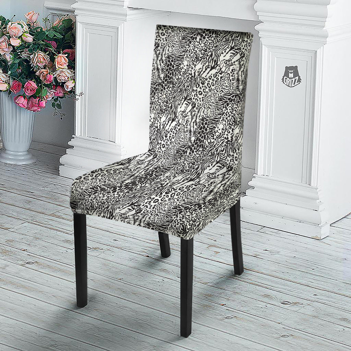 Patchwork Black White Animal Skins Print Pattern Dining Chair Slipcover-grizzshop