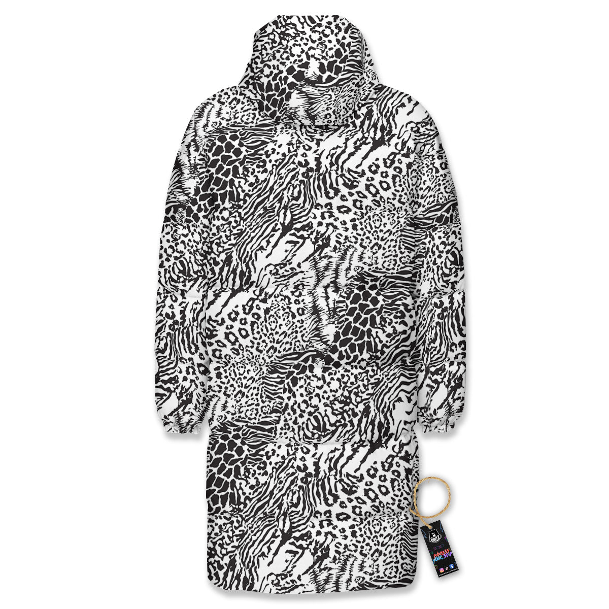 Patchwork Black White Animal Skins Print Pattern Long Down Jacket-grizzshop