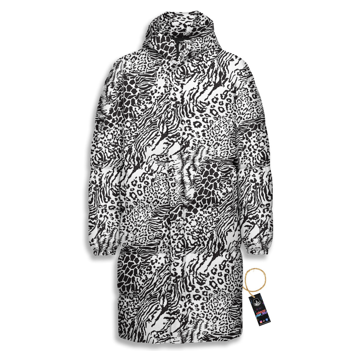 Patchwork Black White Animal Skins Print Pattern Long Down Jacket-grizzshop