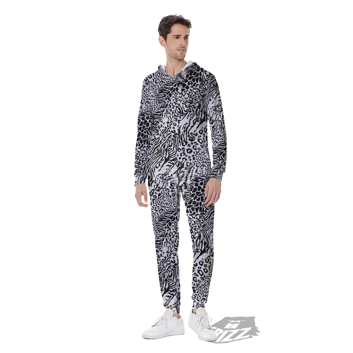 Patchwork Black White Animal Skins Print Pattern Men's Jumpsuit-grizzshop