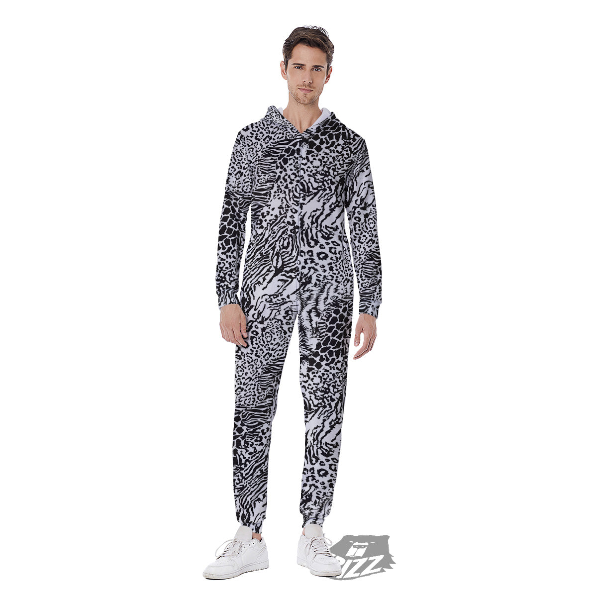Patchwork Black White Animal Skins Print Pattern Men's Jumpsuit-grizzshop