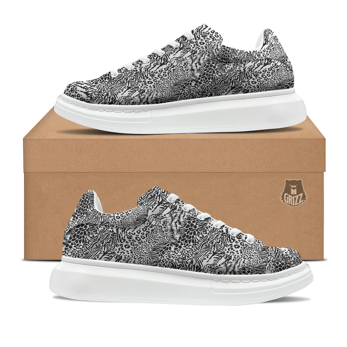 Patchwork Black White Animal Skins Print Pattern Platform Shoes-grizzshop