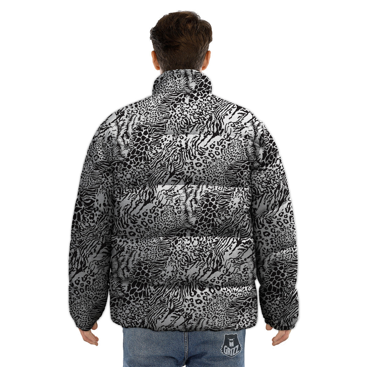 Patchwork Black White Animal Skins Print Pattern Puffer Jacket-grizzshop