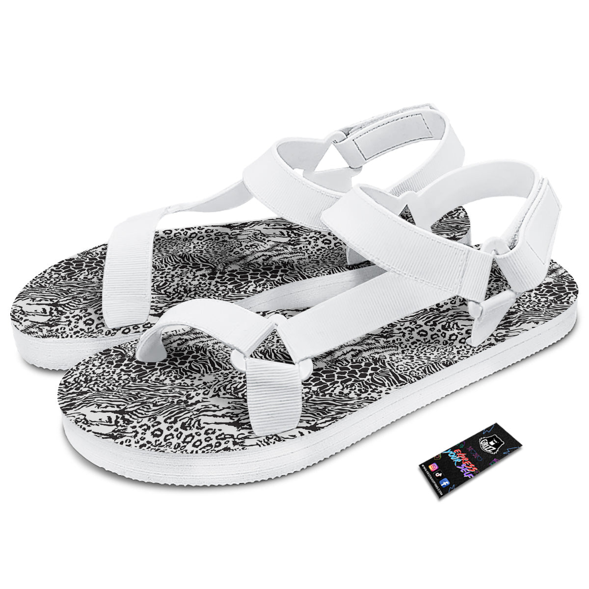 Patchwork Black White Animal Skins Print Pattern White Open Toe Sandals-grizzshop
