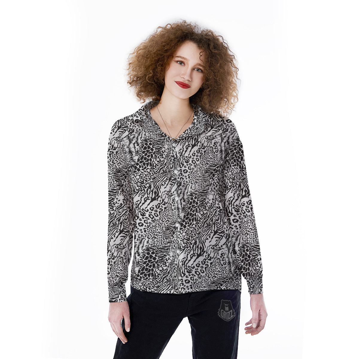 Patchwork Black White Animal Skins Print Pattern Women's Long Sleeve Shirts-grizzshop