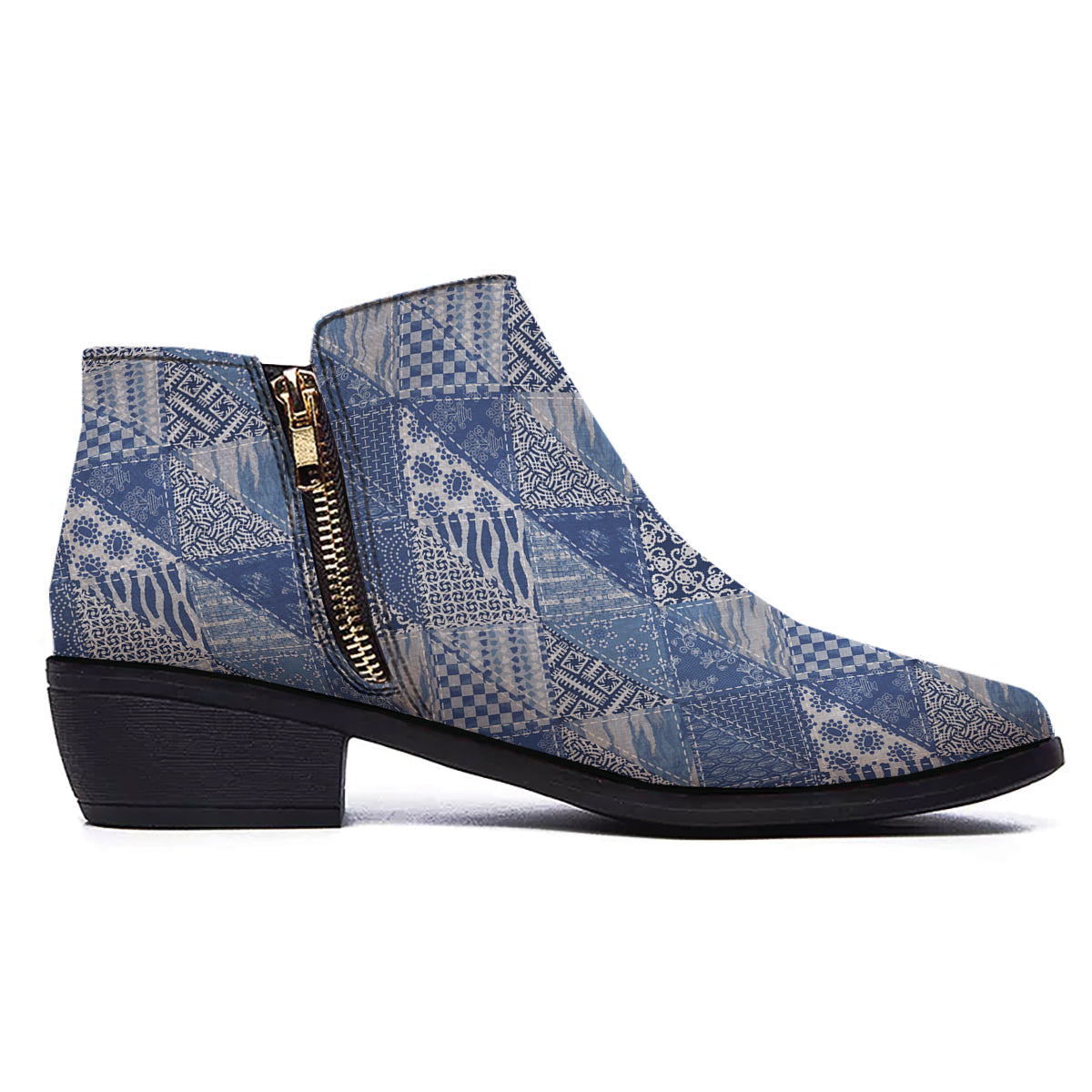 Patchwork Blue Denim Print Pattern Ankle Boots-grizzshop