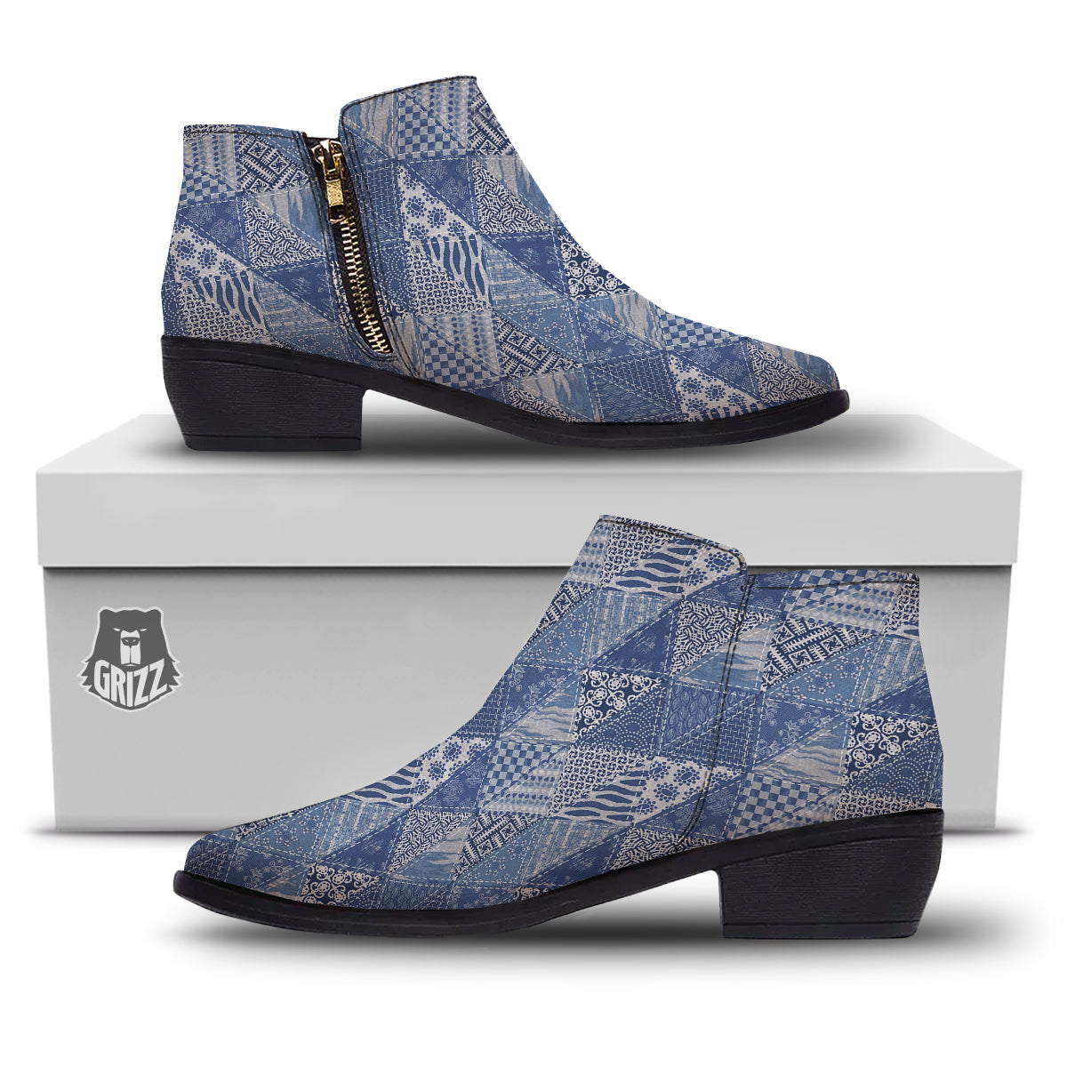 Patchwork Blue Denim Print Pattern Ankle Boots-grizzshop