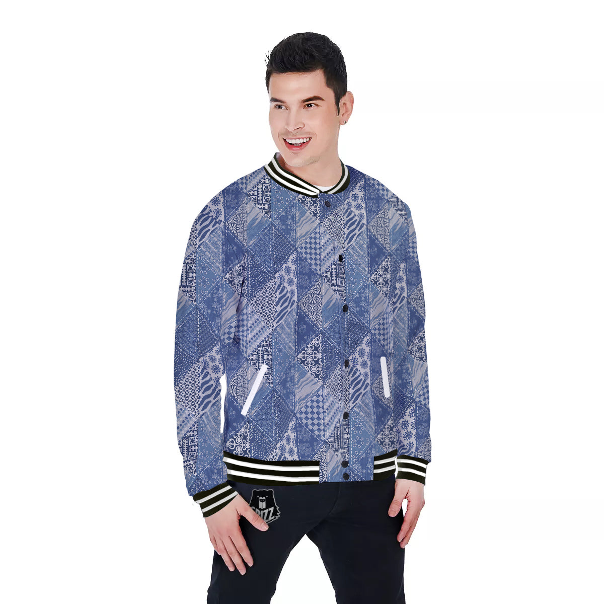 Patchwork Blue Denim Print Pattern Baseball Jacket-grizzshop