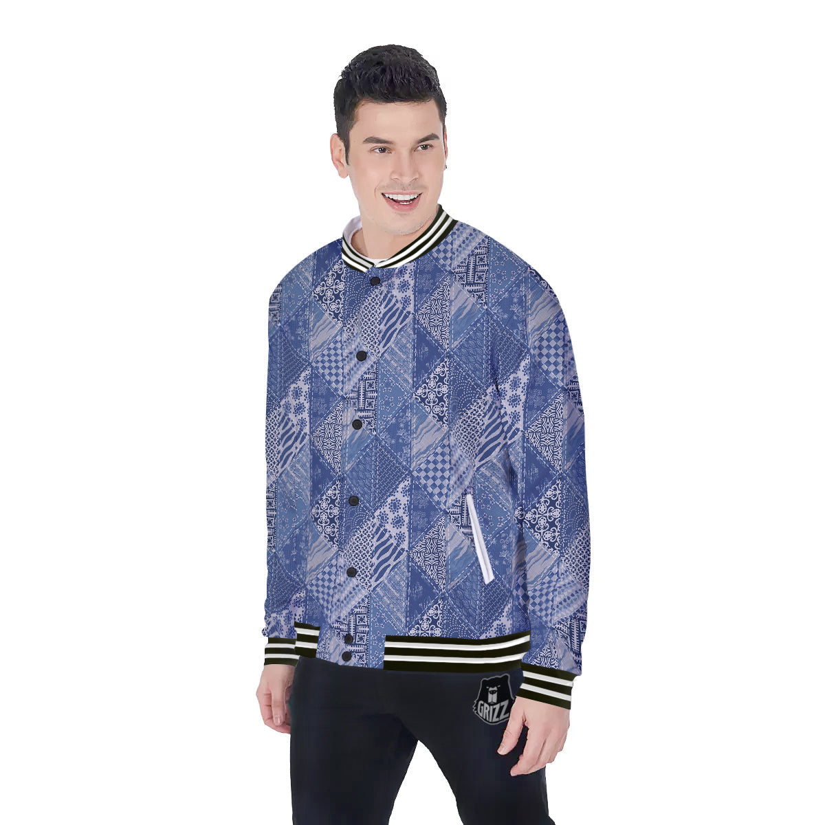 Patchwork Blue Denim Print Pattern Baseball Jacket-grizzshop