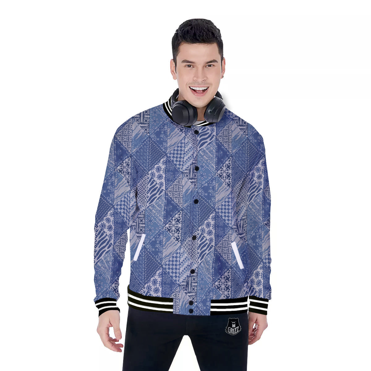 Patchwork Blue Denim Print Pattern Baseball Jacket-grizzshop