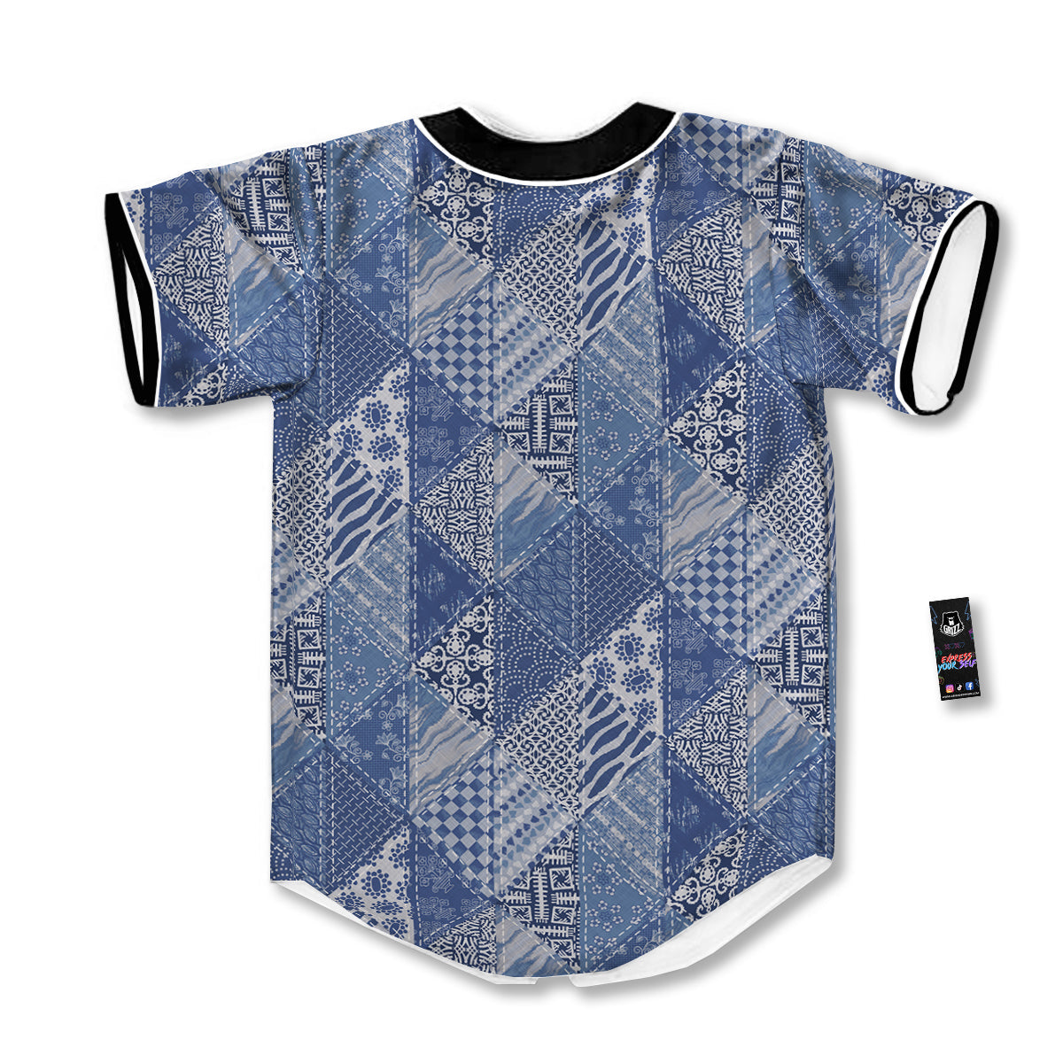 Patchwork Blue Denim Print Pattern Baseball Jersey-grizzshop
