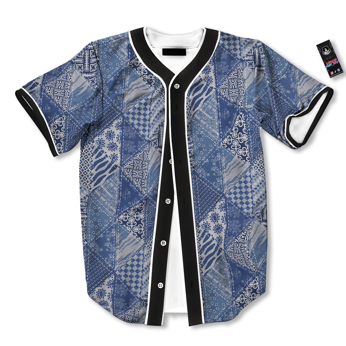 Patchwork Blue Denim Print Pattern Baseball Jersey-grizzshop