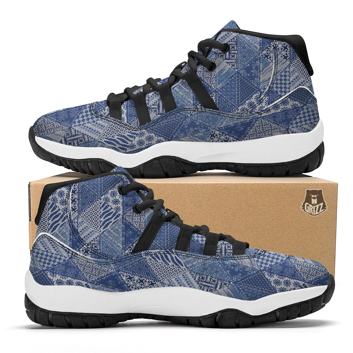 Patchwork Blue Denim Print Pattern Black Bball Shoes-grizzshop