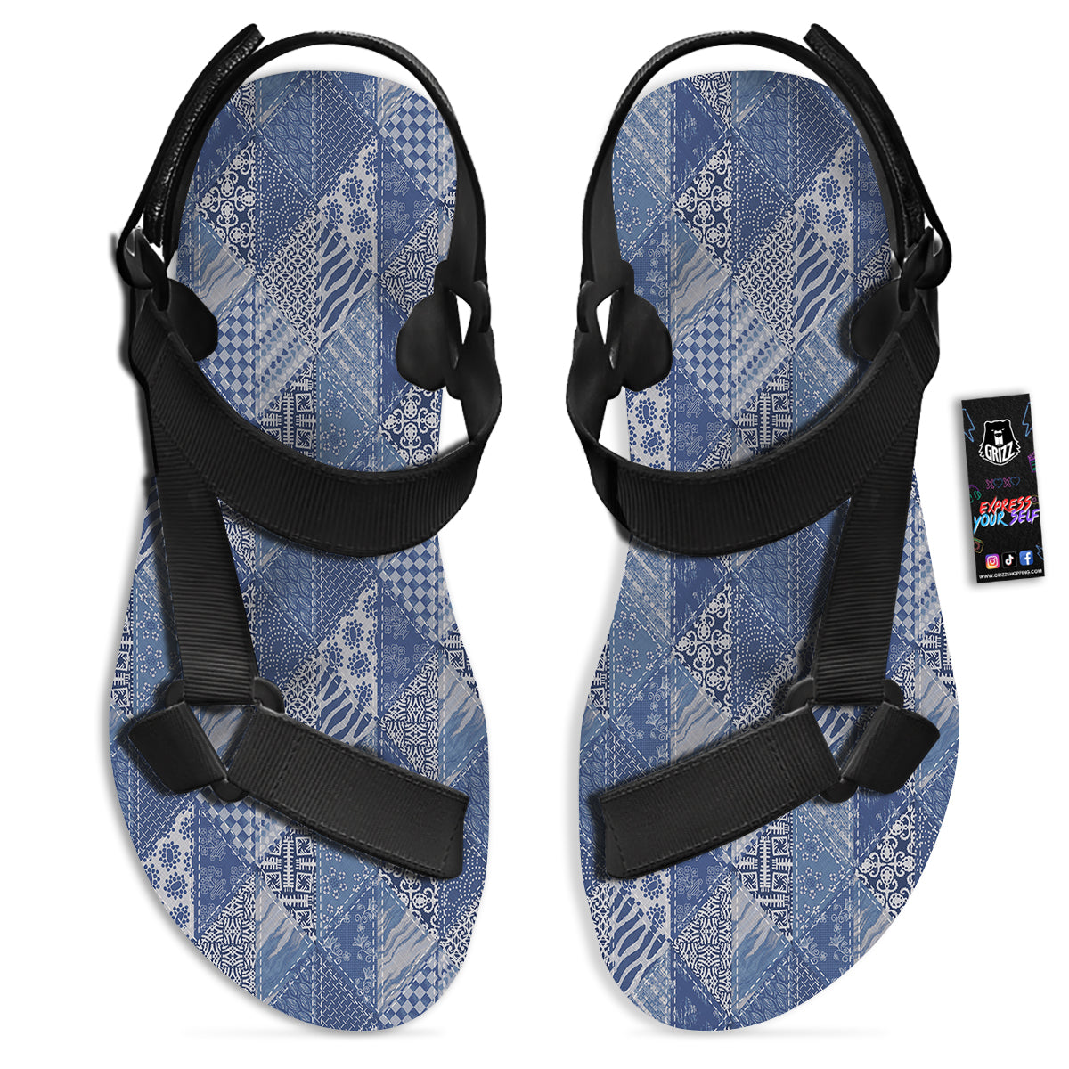 Patchwork Blue Denim Print Pattern Black Open Toe Sandals-grizzshop