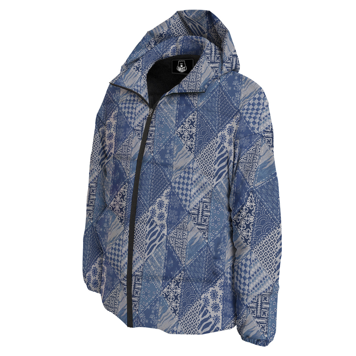 Patchwork Blue Denim Print Pattern Down Jacket-grizzshop