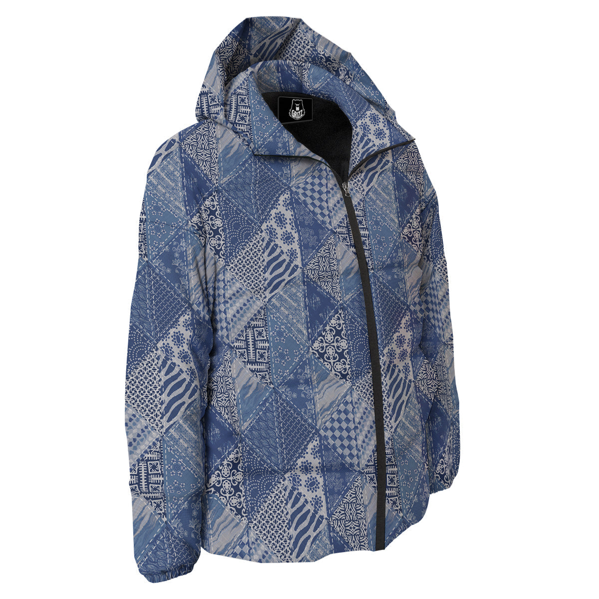 Patchwork Blue Denim Print Pattern Down Jacket-grizzshop