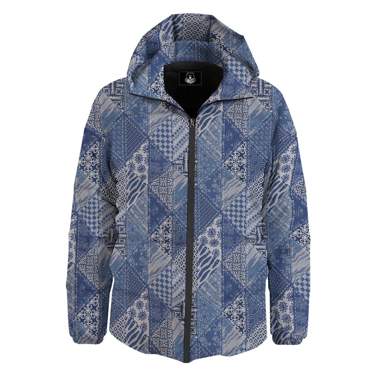 Patchwork Blue Denim Print Pattern Down Jacket-grizzshop