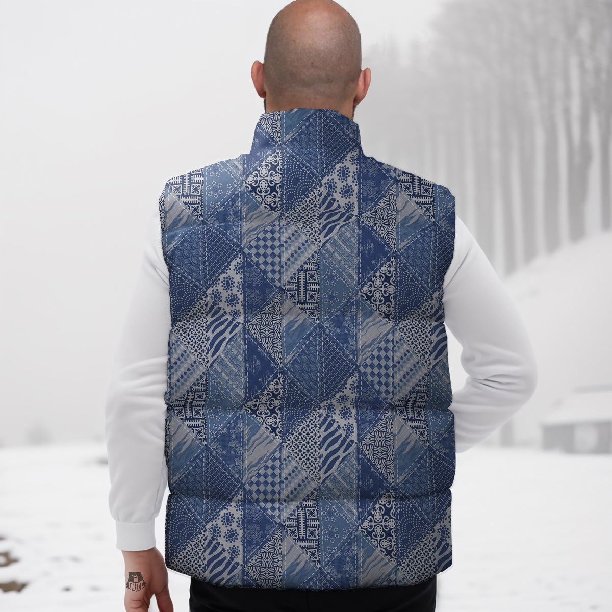 Patchwork Blue Denim Print Pattern Down Vest