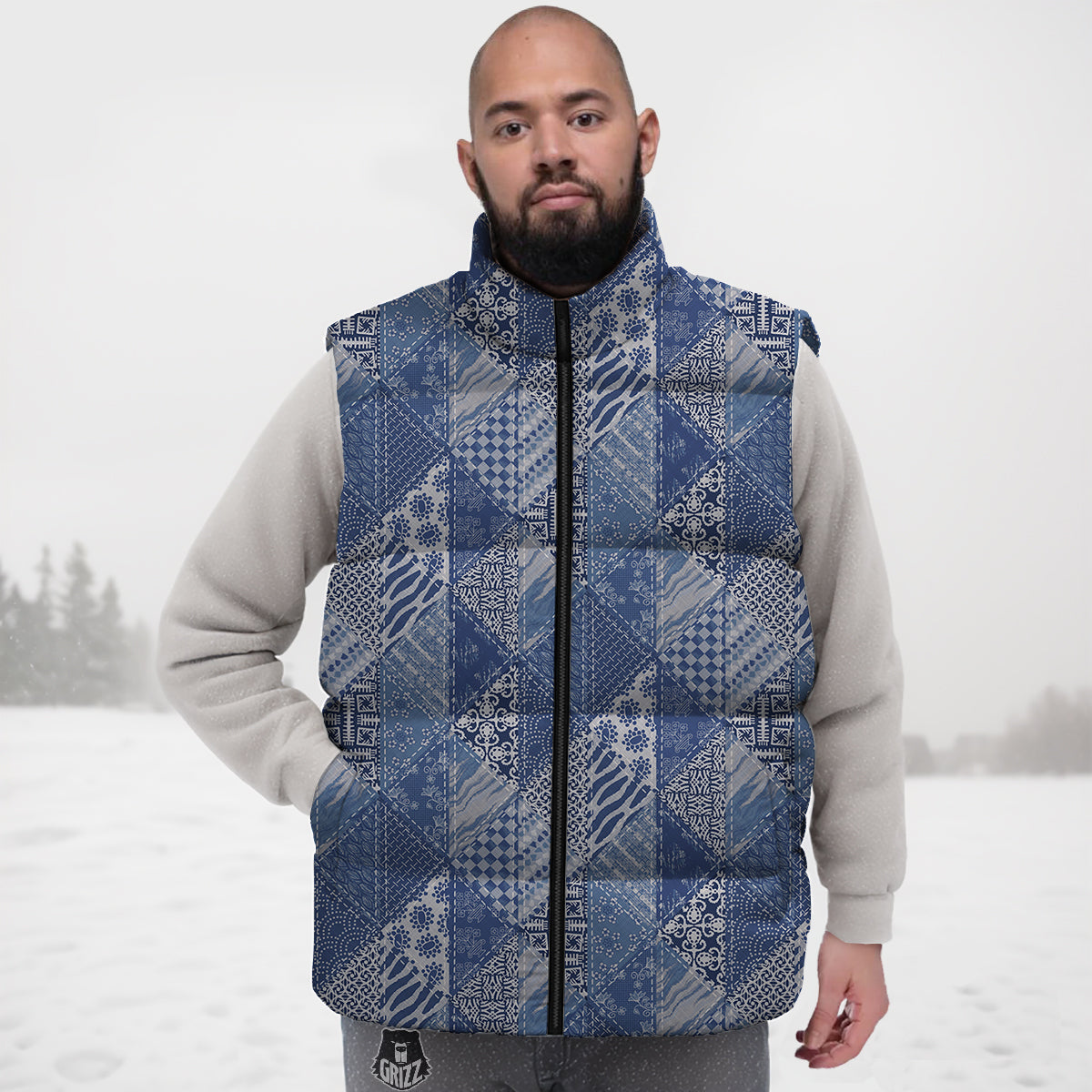 Patchwork Blue Denim Print Pattern Down Vest
