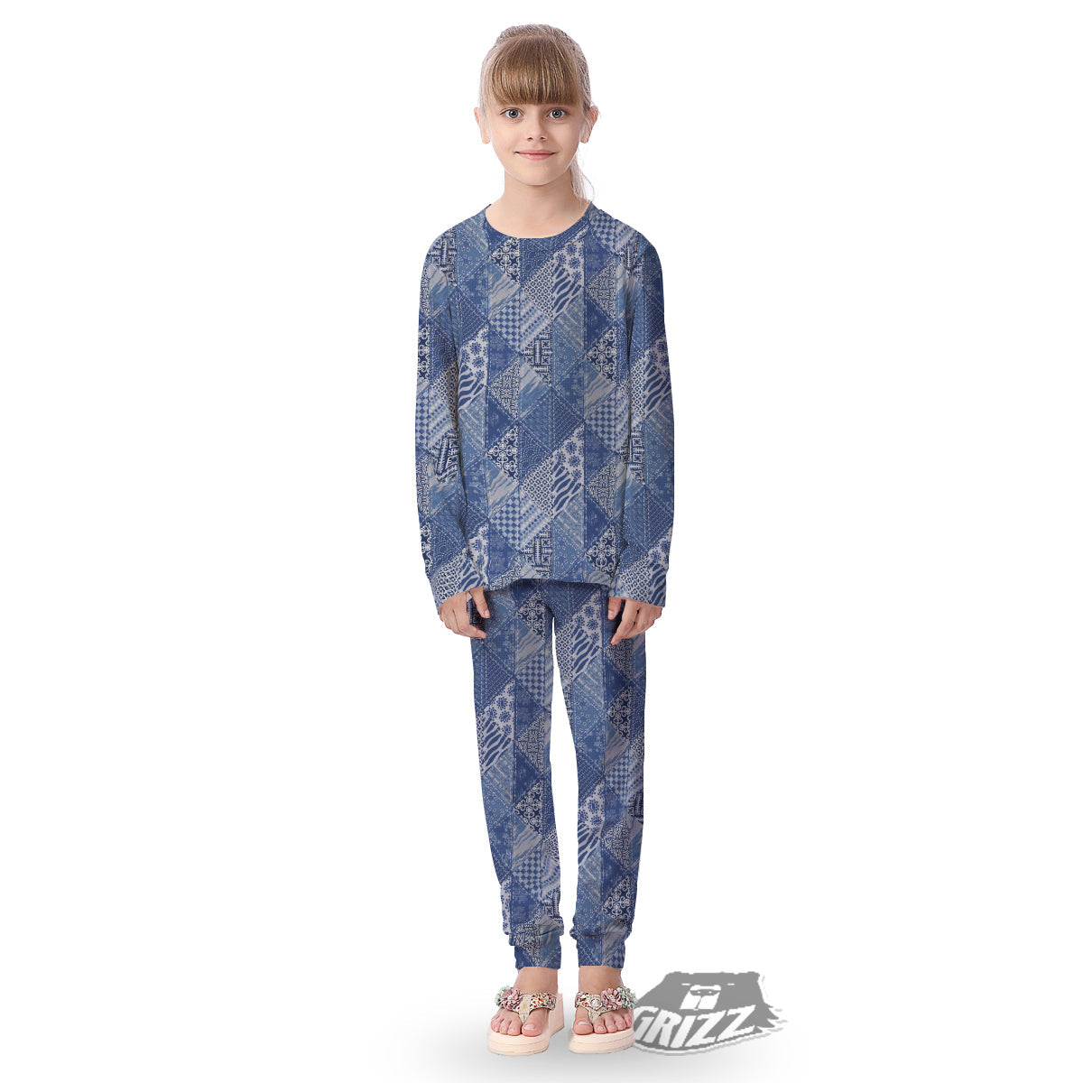 Patchwork Blue Denim Print Pattern Kid's Pajamas-grizzshop